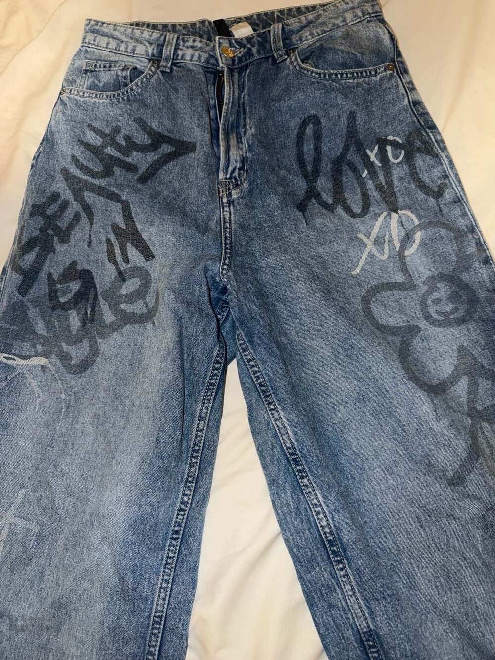H&M Divided High Waisted Graffiti Print Wide Leg Jeans
